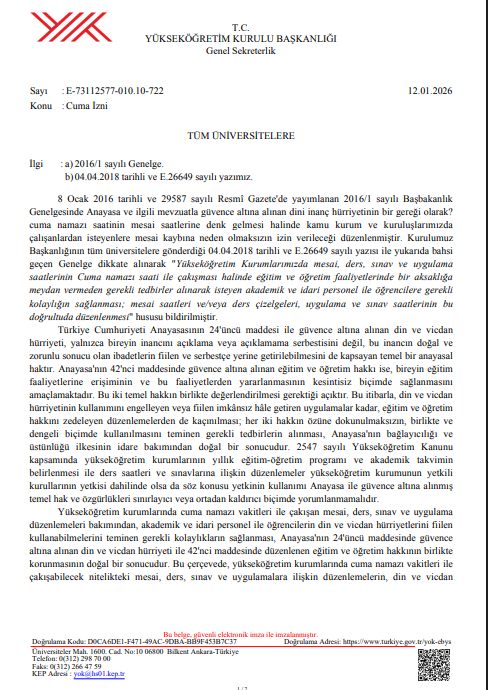 Yök’ten Üniversitelere Uyarı! Cuma Namazı Saatine Ders Ve Sınav Koymayın (1)-1